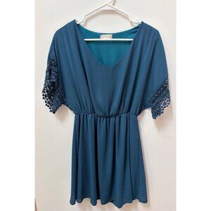 Altar'd State Womens Medium Teal Mini Dress With Crochet Sleeves & Elastic Waist